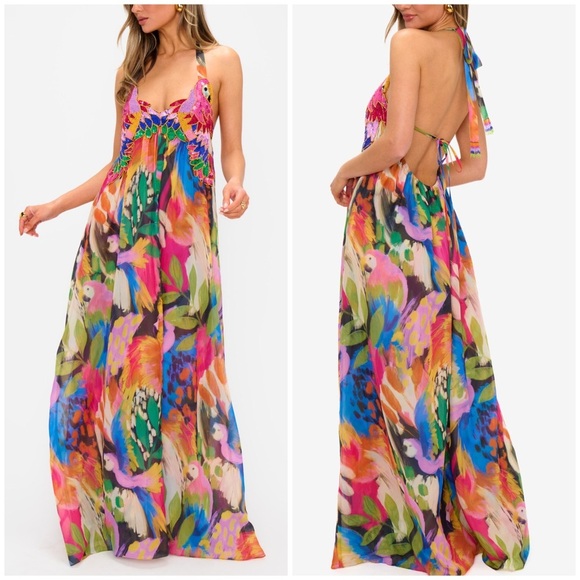 New Show Me Your Mumu Valentina Maxi Dress Midnight in Rio Parrot Sz XXL - Picture 1 of 14